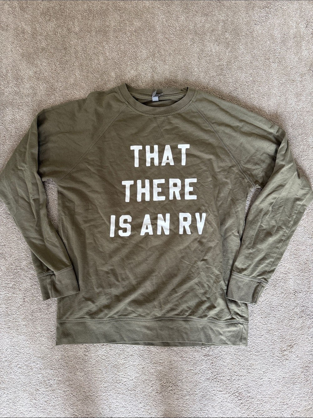 Little Mama Shirt Shop Olive Green Crewneck Sweater with White Graphic
